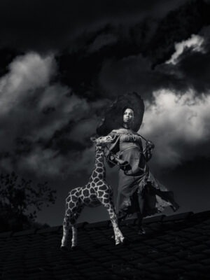 Dame Girafe, Une femme élégante promène une girafe en peluche sur un toit, sous un ciel dramatique. Absurdement poétique, l’image joue entre surréalisme et rigueur esthétique.