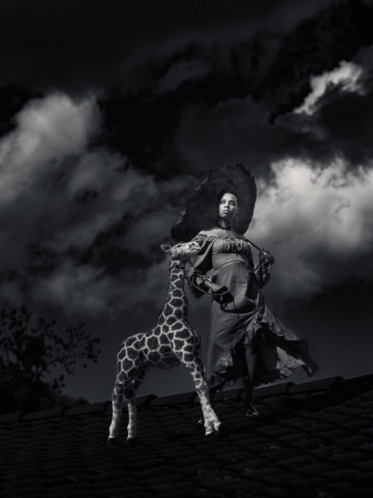 Dame Girafe, Une femme élégante promène une girafe en peluche sur un toit, sous un ciel dramatique. Absurdement poétique, l’image joue entre surréalisme et rigueur esthétique.